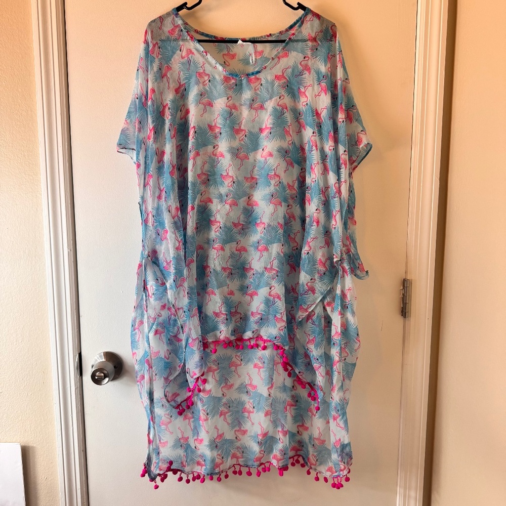 Flamingo Print Swim‎ Suit Cover Up w/ Pom Poms One Size RN 86183